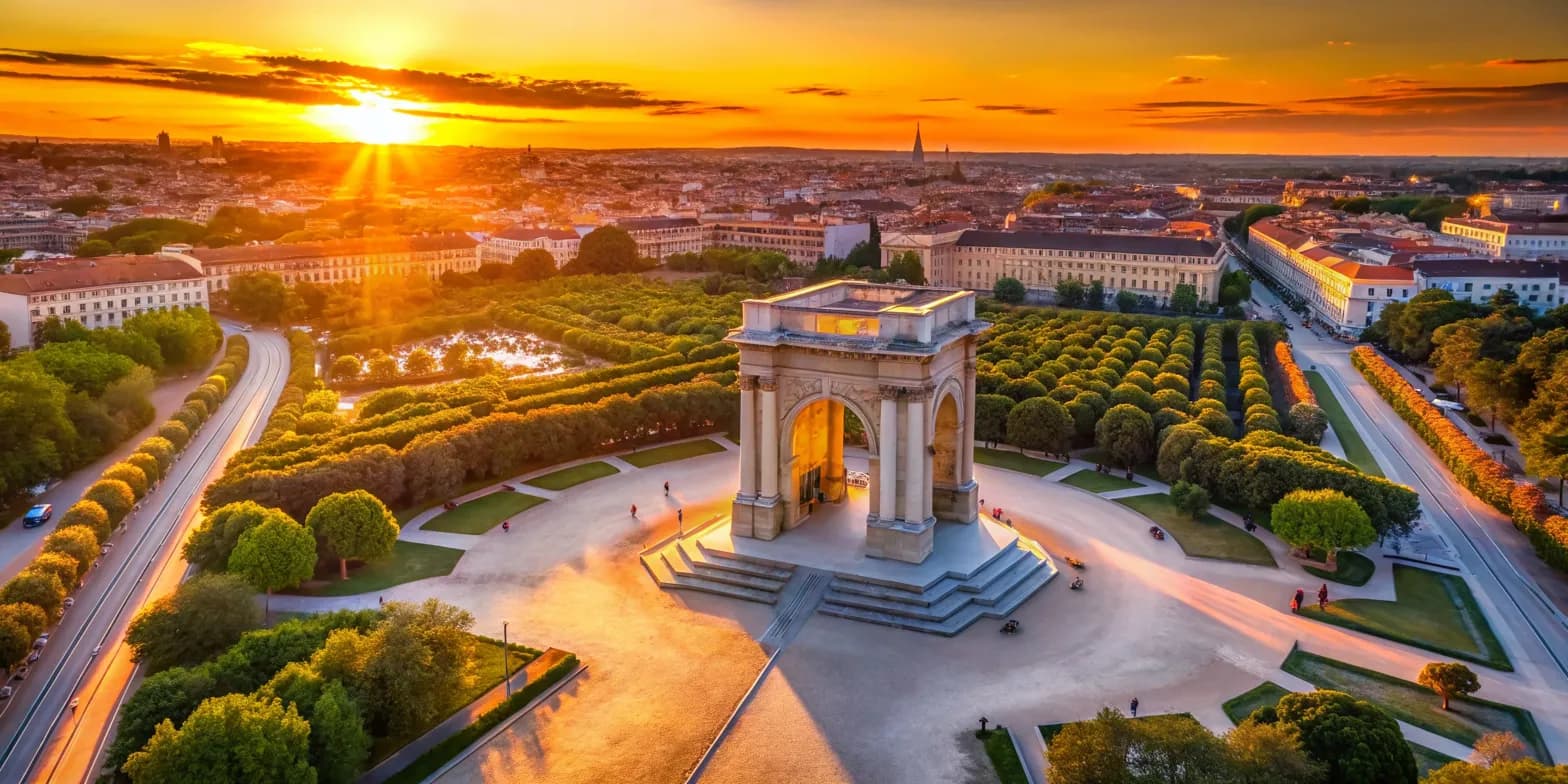 Vue aérienne de Montpellier au coucher du soleil, l'arc de triomphe du Peyrou